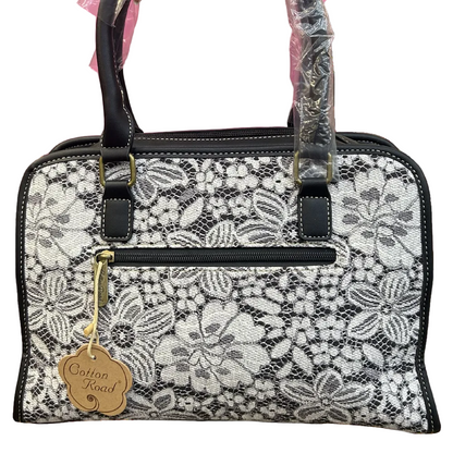 COTTON ROAD HANDBAG: BLACK PU leather Bag with LACE Detailing BACK