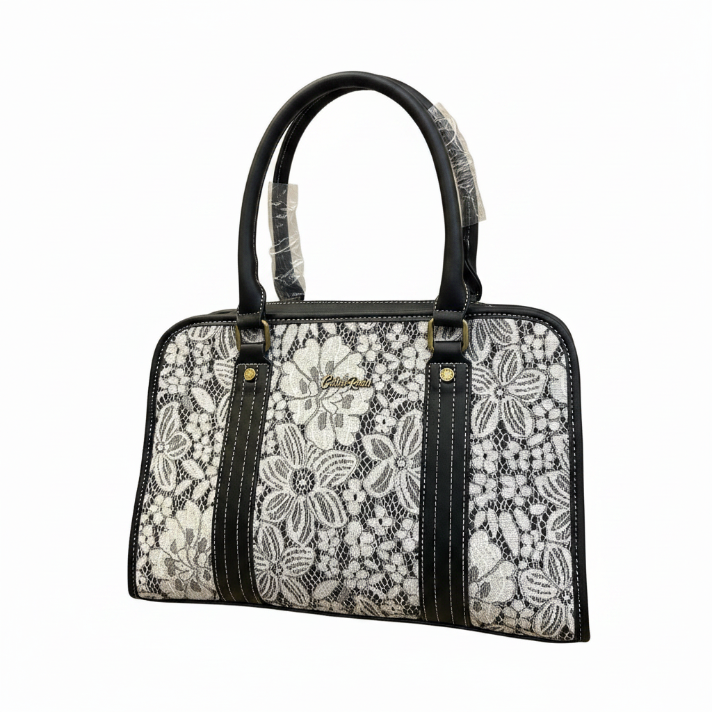 COTTON ROAD HANDBAG: BLACK PU leather Bag with LACE Detailing FRONT