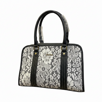 COTTON ROAD HANDBAG: BLACK PU leather Bag with LACE Detailing FRONT