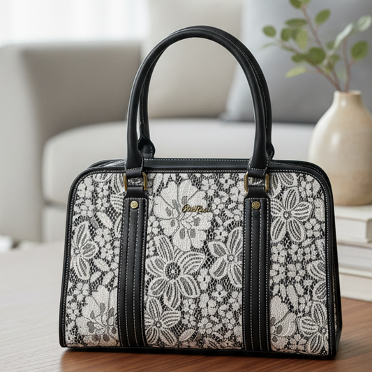Cotton Road Handbag: BLACK PU Leather with LACE Detailing