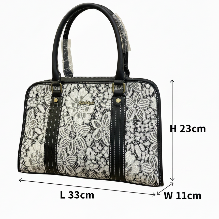 COTTON ROAD HANDBAG: BLACK PU leather Bag with LACE Detailing SIZE