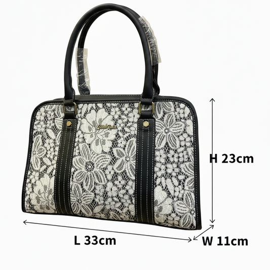 COTTON ROAD HANDBAG: BLACK PU leather Bag with LACE Detailing SIZE