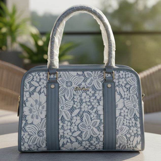 Cotton Road Handbag: BLUE PU Leather with LACE Detailing