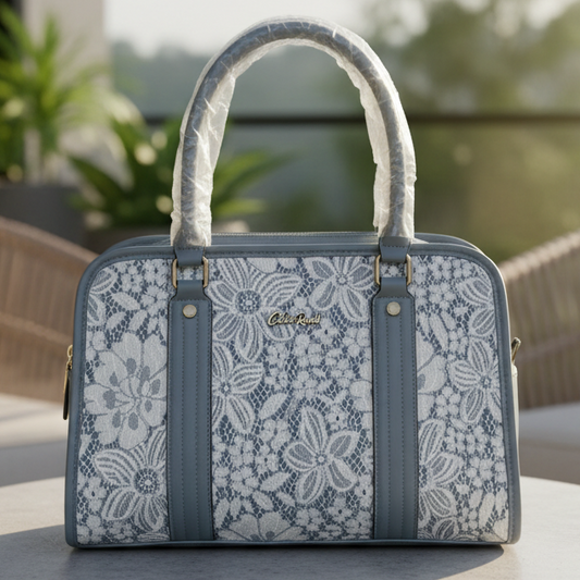 Cotton Road Handbag: BLUE PU Leather with LACE Detailing