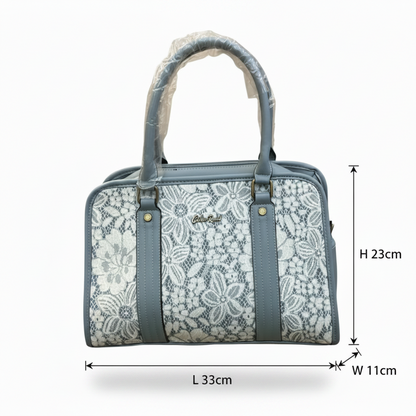 COTTON ROAD HANDBAG: BLUE PU leather Bag with LACE Detailing SIZE