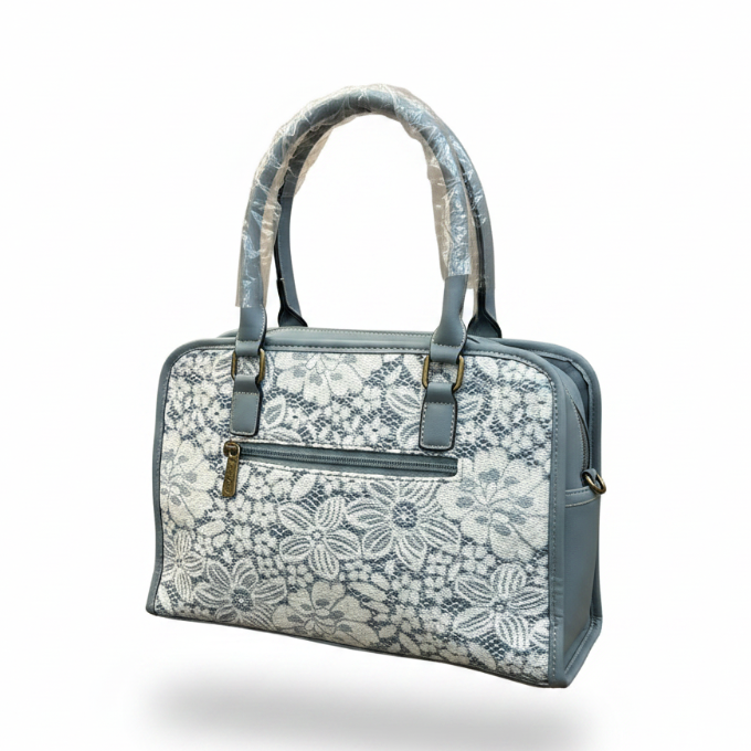 COTTON ROAD HANDBAG: BLUE PU leather Bag with LACE Detailing SIZE BACK