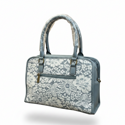 COTTON ROAD HANDBAG: BLUE PU leather Bag with LACE Detailing SIZE BACK
