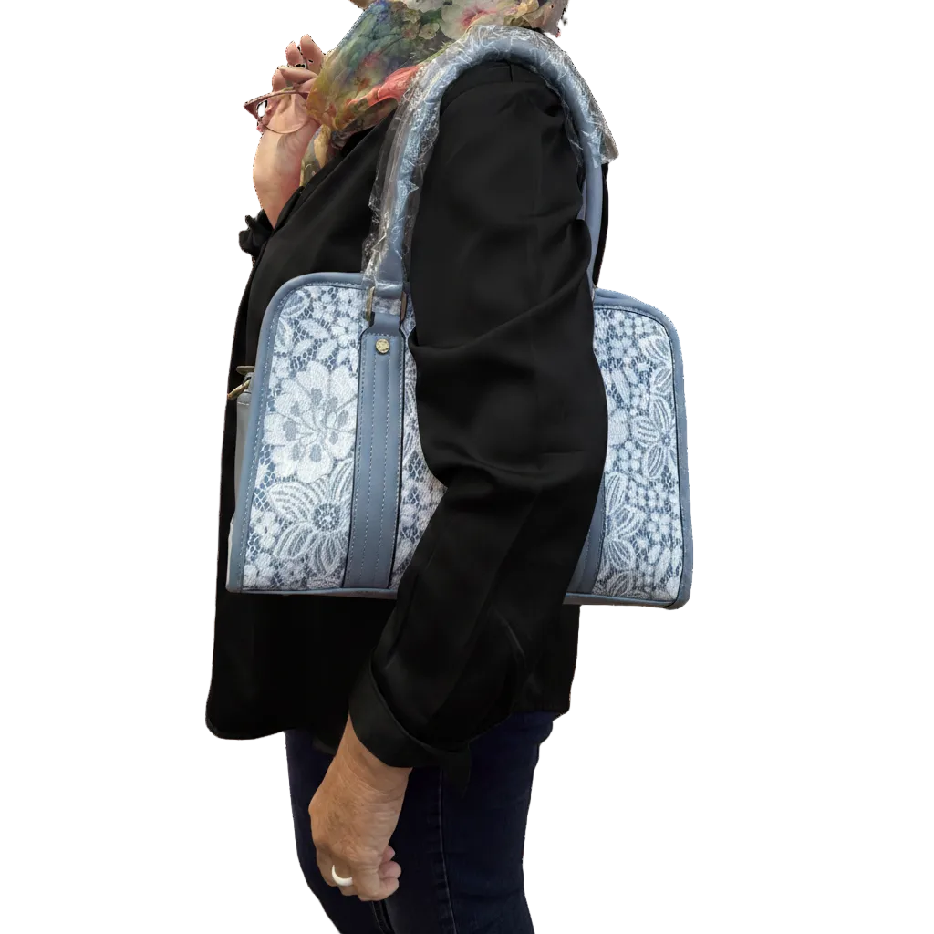COTTON ROAD HANDBAG: BLUE PU leather Bag with LACE Detailing SIZE UNDER ARM