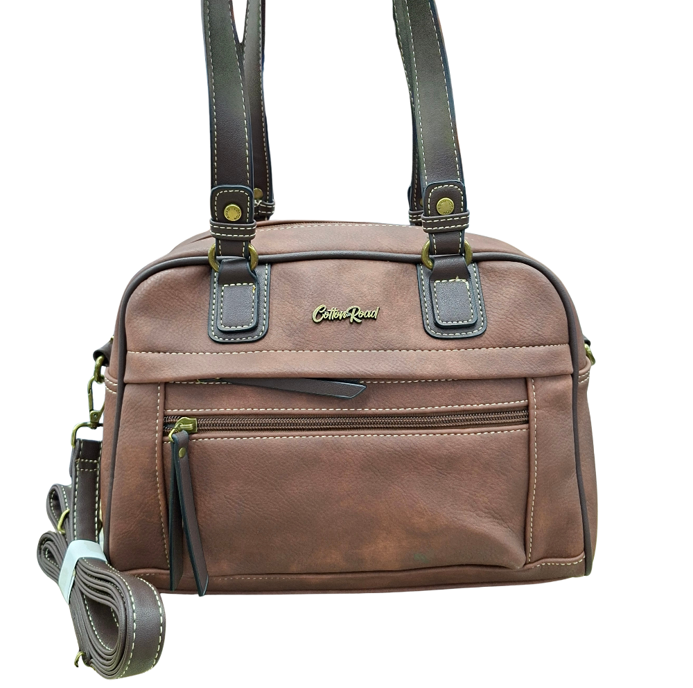 COTTON ROAD HANDBAG: BROWN Faux Leather Shoulder Bag, Top-Handle Satchel with Removable Strap FRONT