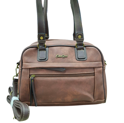 COTTON ROAD HANDBAG: BROWN Faux Leather Shoulder Bag, Top-Handle Satchel with Removable Strap FRONT