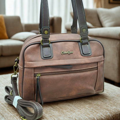 COTTON ROAD HANDBAG: BROWN Faux Leather Shoulder Bag, Top-Handle Satchel with Removable Strap HERO