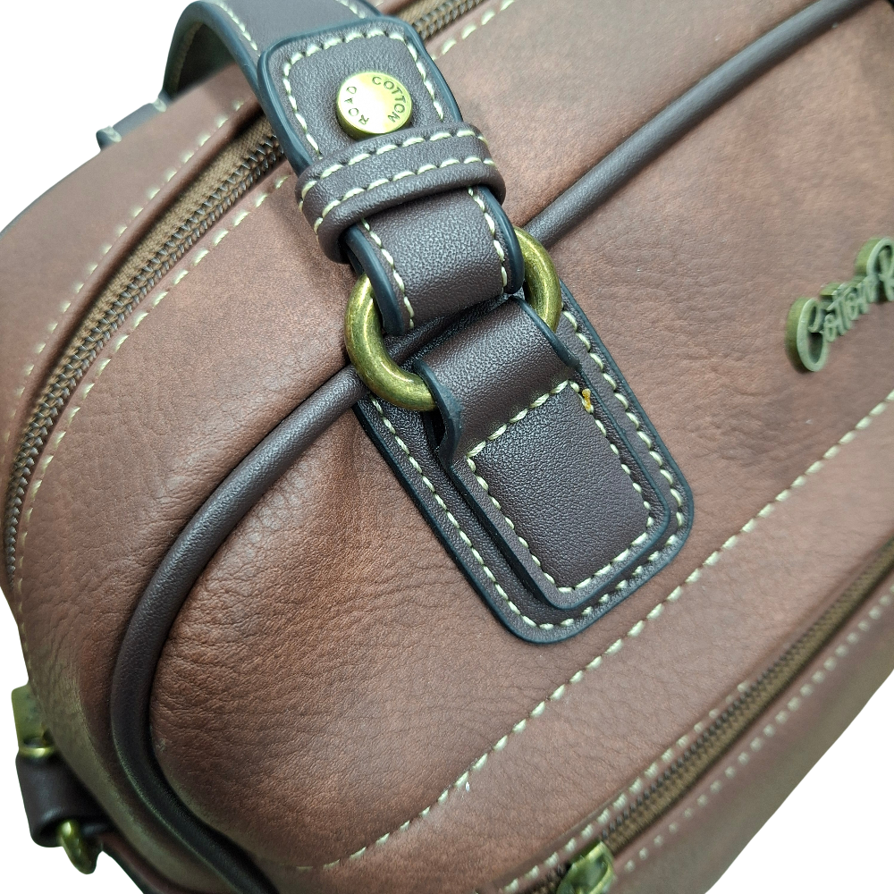 COTTON ROAD HANDBAG: BROWN Faux Leather Shoulder Bag, Top-Handle Satchel with Removable Strap TOP DETAIL