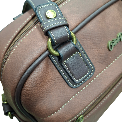 COTTON ROAD HANDBAG: BROWN Faux Leather Shoulder Bag, Top-Handle Satchel with Removable Strap TOP DETAIL
