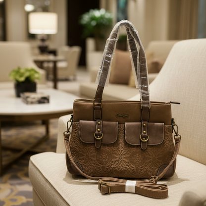 COTTON ROAD HANDBAG: BROWN PU Leather Sling Bag with embossed pattern HANGING