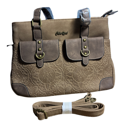 COTTON ROAD HANDBAG: BROWN PU Leather Sling Bag with embossed pattern SET