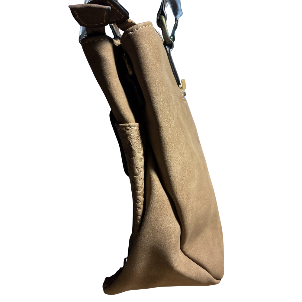 COTTON ROAD HANDBAG: BROWN PU Leather Sling Bag with embossed pattern SIDE
