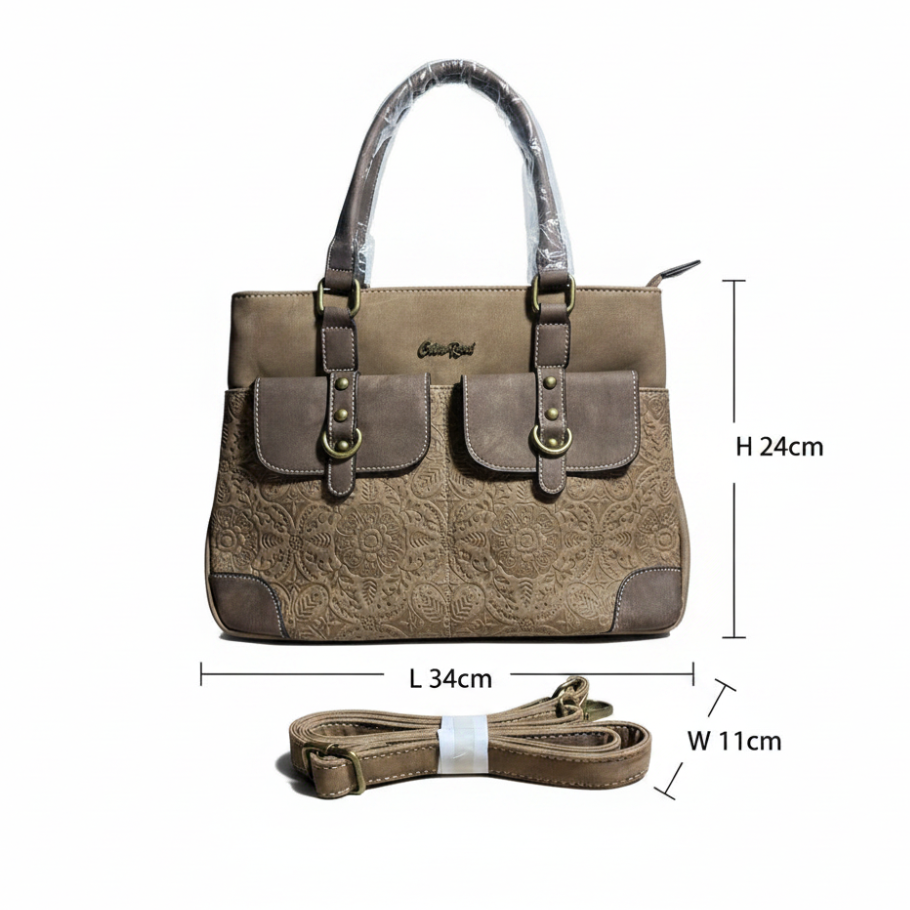 COTTON ROAD HANDBAG: BROWN PU Leather Sling Bag with embossed pattern size