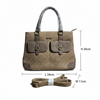 COTTON ROAD HANDBAG: BROWN PU Leather Sling Bag with embossed pattern size