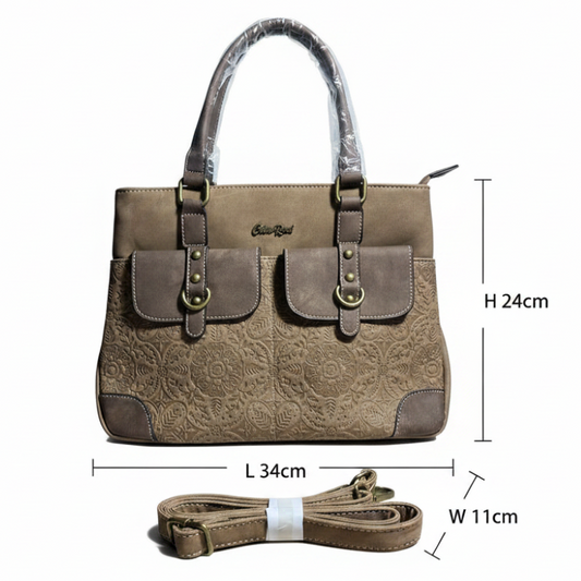 COTTON ROAD HANDBAG: BROWN PU Leather Sling Bag with embossed pattern size