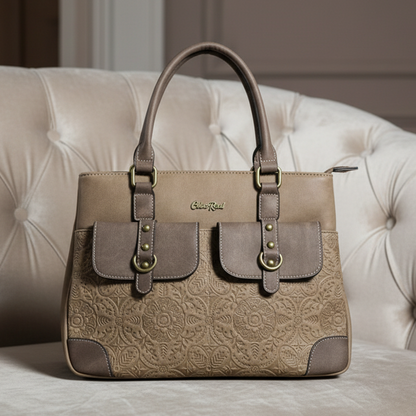 Cotton Road Handbag: BROWN PU Leather with Embossed Pattern
