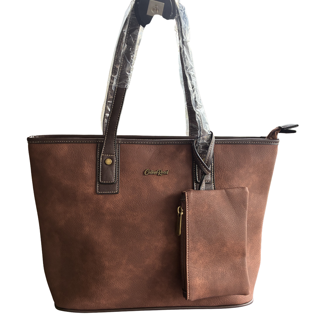 COTTON ROAD HANDBAG: BROWN PU Leather VINTAGE TWO-TONE Tote with Pouch