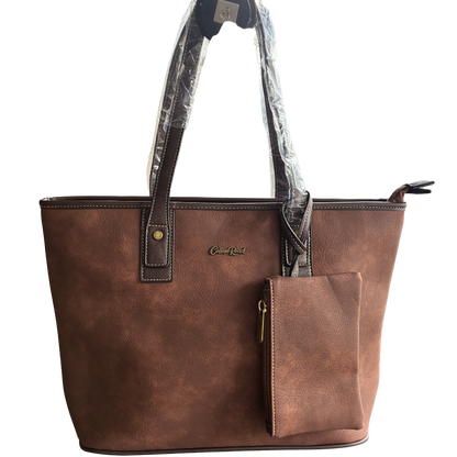 COTTON ROAD HANDBAG: BROWN PU Leather VINTAGE TWO-TONE Tote with Pouch