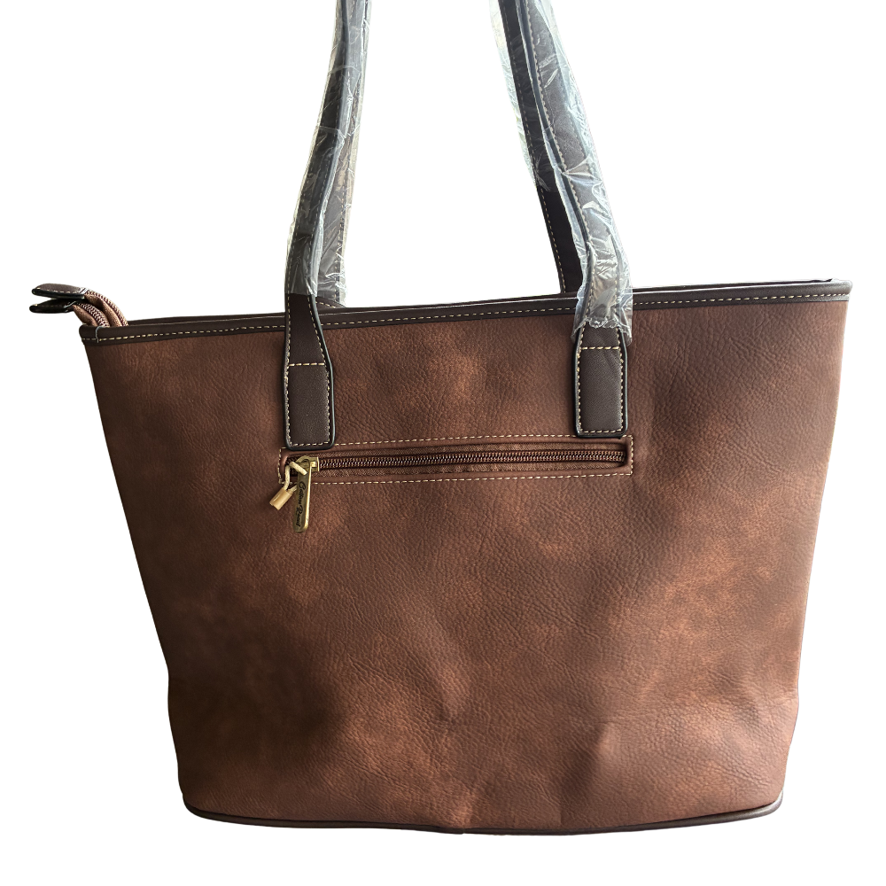 COTTON ROAD HANDBAG: BROWN PU Leather VINTAGE TWO-TONE Tote with Pouch BACK