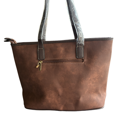 COTTON ROAD HANDBAG: BROWN PU Leather VINTAGE TWO-TONE Tote with Pouch BACK