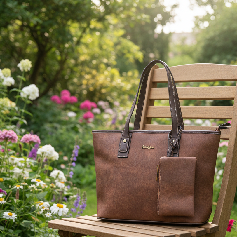 COTTON ROAD HANDBAG: BROWN PU Leather VINTAGE TWO-TONE Tote with Pouch DISPLAY