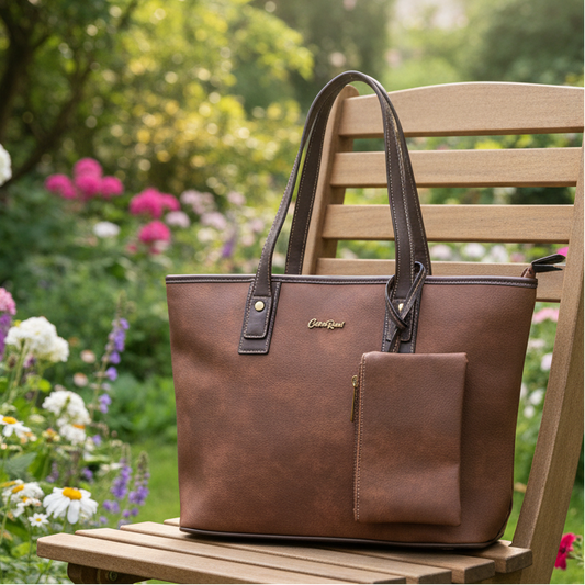 COTTON ROAD HANDBAG: BROWN PU Leather VINTAGE TWO-TONE Tote with Pouch DISPLAY