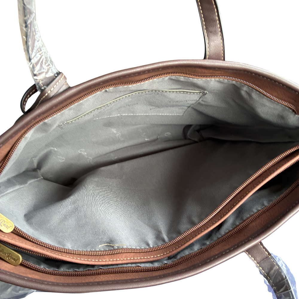 COTTON ROAD HANDBAG: BROWN PU Leather VINTAGE TWO-TONE Tote with Pouch OPEN