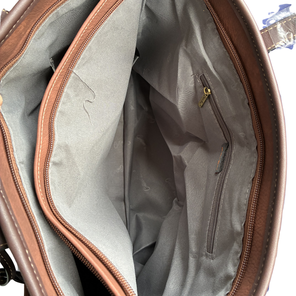 COTTON ROAD HANDBAG: BROWN PU Leather VINTAGE TWO-TONE Tote with Pouch OPEN BOTH POCKETS