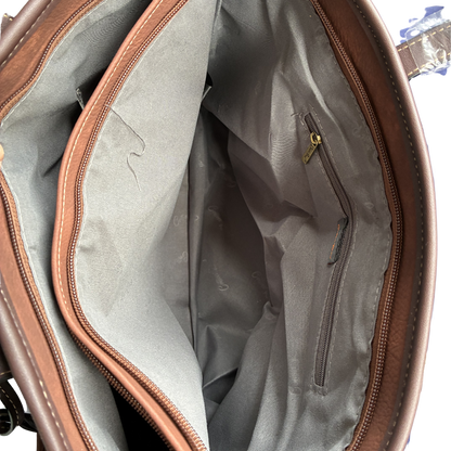 COTTON ROAD HANDBAG: BROWN PU Leather VINTAGE TWO-TONE Tote with Pouch OPEN BOTH POCKETS