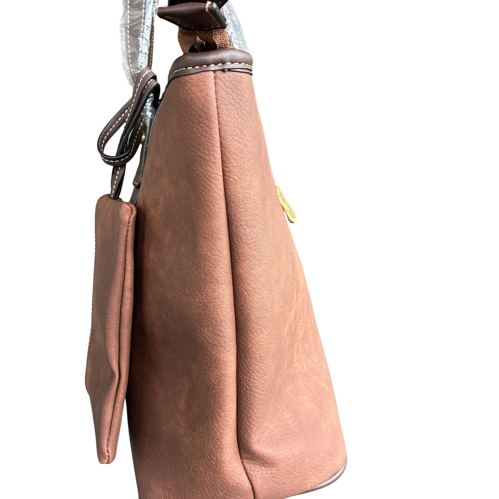 COTTON ROAD HANDBAG: BROWN PU Leather VINTAGE TWO-TONE Tote with Pouch SIDE