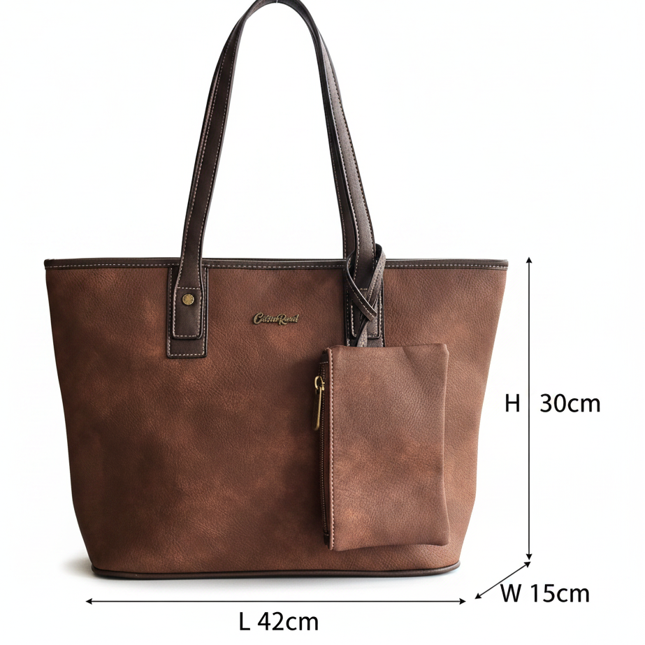 COTTON ROAD HANDBAG: BROWN PU Leather VINTAGE TWO-TONE Tote with Pouch SIZE