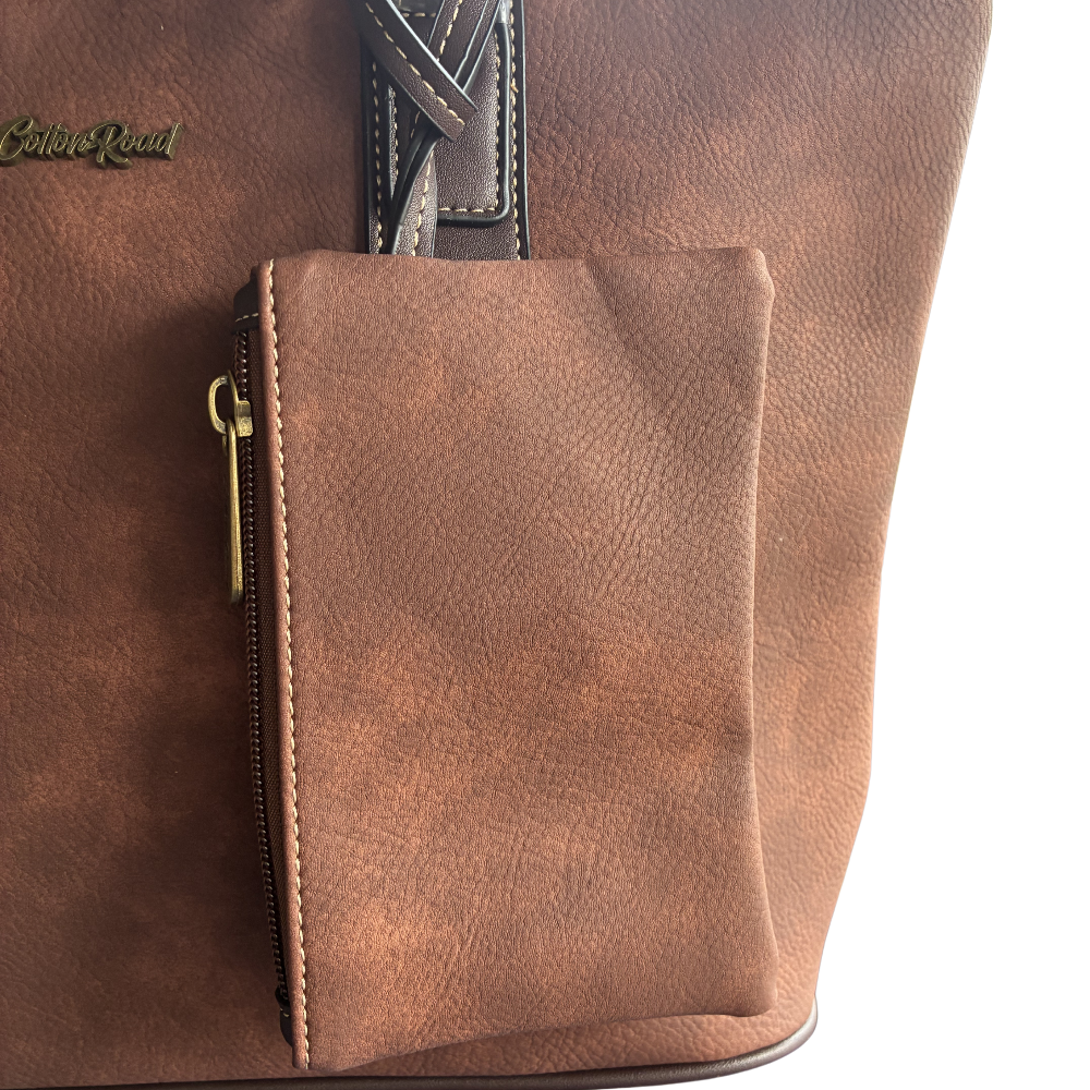 COTTON ROAD HANDBAG: BROWN PU Leather VINTAGE TWO-TONE Tote with Pouch ZOOM