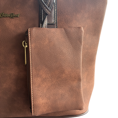 COTTON ROAD HANDBAG: BROWN PU Leather VINTAGE TWO-TONE Tote with Pouch ZOOM