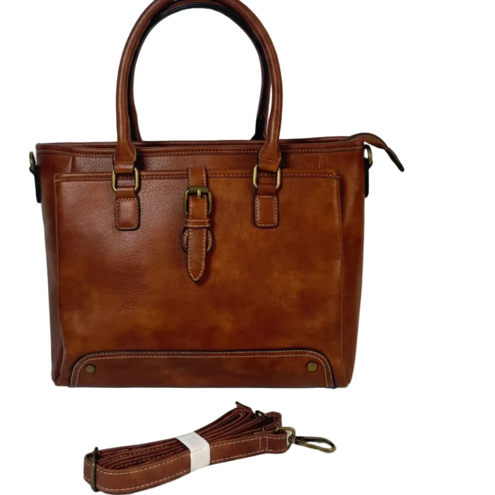 COTTON ROAD HANDBAG: BROWN Vintage Faux Leather Satchel Top-Handle Handbag SET