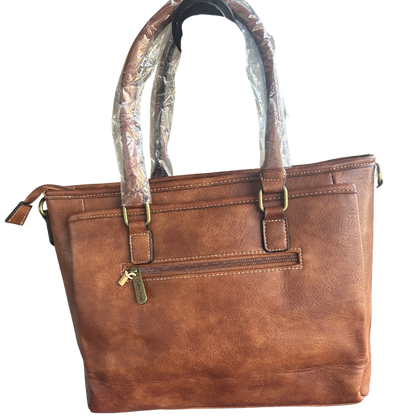 COTTON ROAD HANDBAG: BROWN Vintage Faux Leather Satchel Top-Handle Handbag back