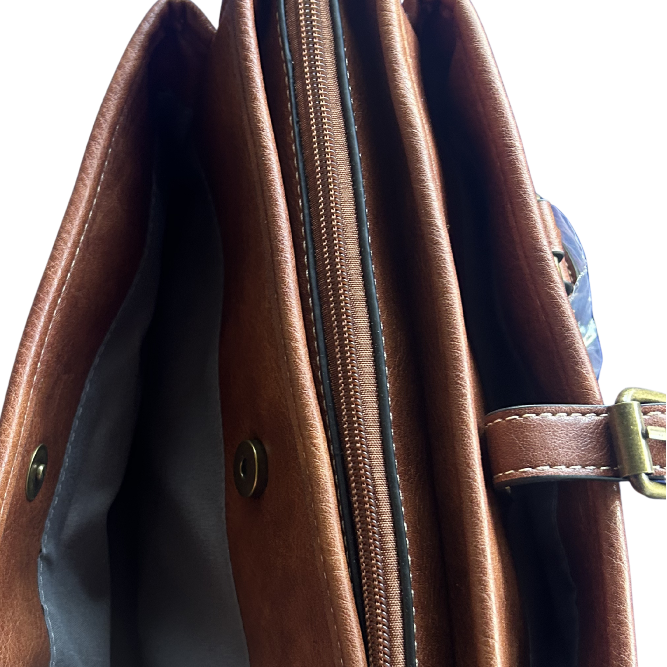 COTTON ROAD HANDBAG: BROWN Vintage Faux Leather Satchel Top-Handle Handbag open pockets