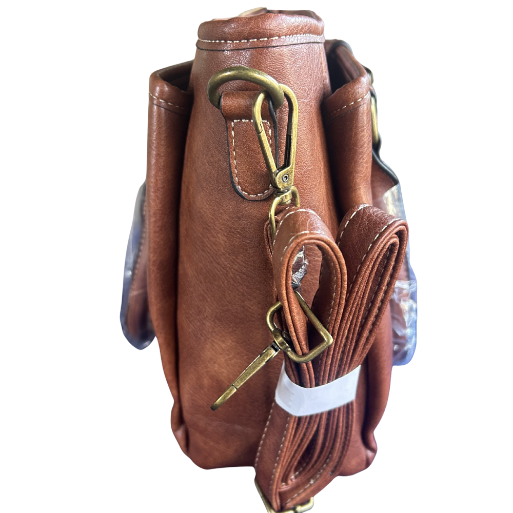 COTTON ROAD HANDBAG: BROWN Vintage Faux Leather Satchel Top-Handle Handbag side view