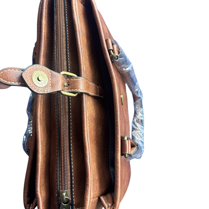 COTTON ROAD HANDBAG: BROWN Vintage Faux Leather Satchel Top-Handle Handbag top closed view