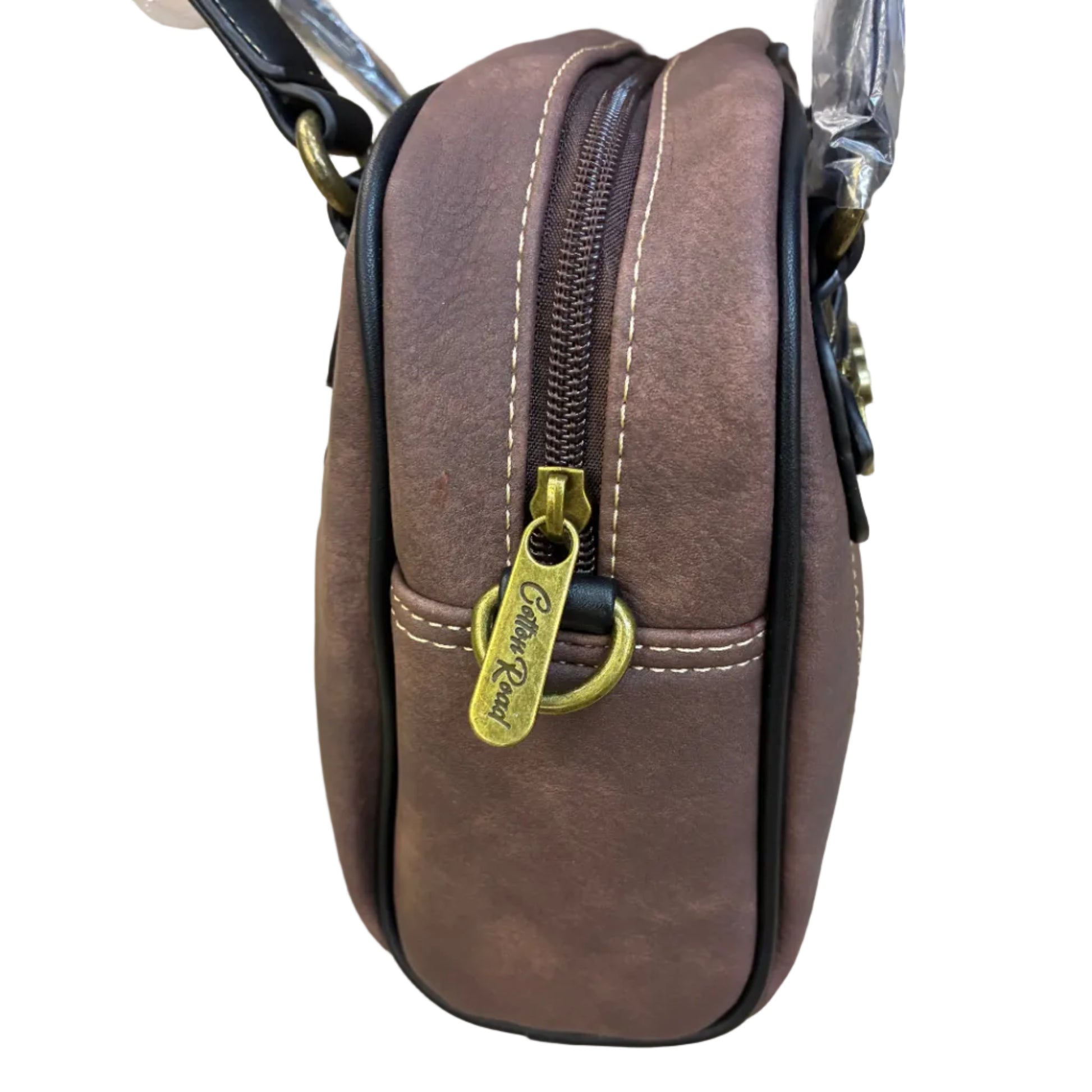 COTTON ROAD HANDBAG: COFFEE BROWN Cotton Road Vintage Two-Tone Bag for Women SIDE