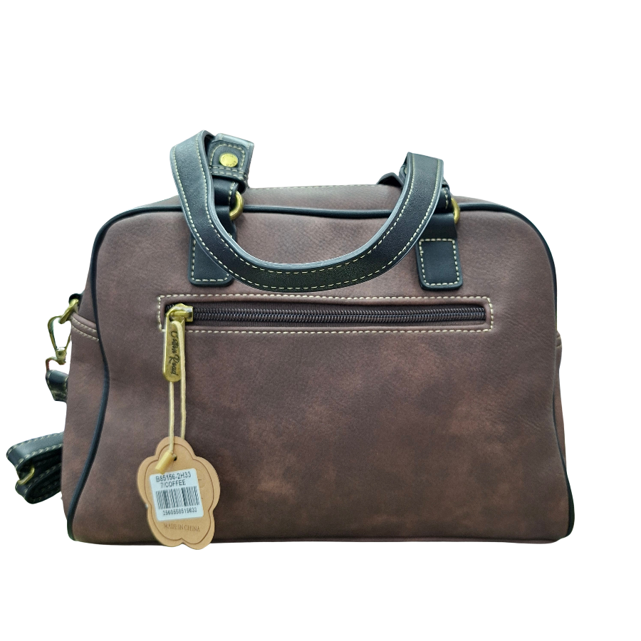 COTTON ROAD HANDBAG: COFFEE BROWN Faux Leather Shoulder Bag, Top-Handle Satchel with Removable Strap BACK VIEW