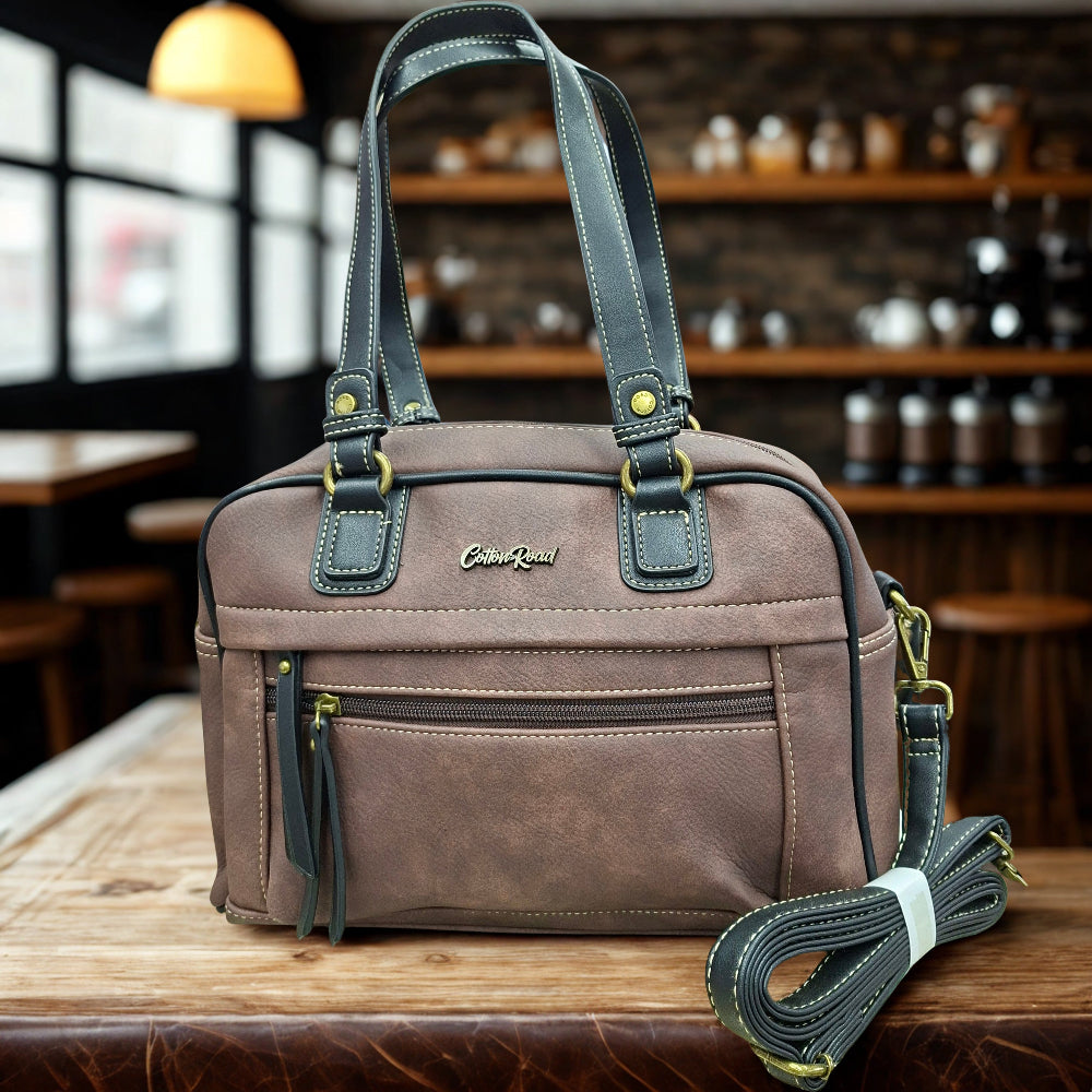 COTTON ROAD HANDBAG: COFFEE BROWN Faux Leather Shoulder Bag, Top-Handle Satchel with Removable Strap HERO