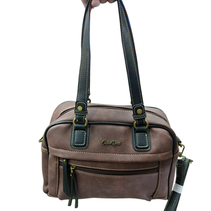 COTTON ROAD HANDBAG: COFFEE BROWN Faux Leather Shoulder Bag, Top-Handle Satchel with Removable Strap IN HAND VIEW