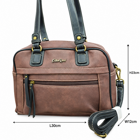 COTTON ROAD HANDBAG: COFFEE BROWN Faux Leather Shoulder Bag, Top-Handle Satchel with Removable Strap SIZE