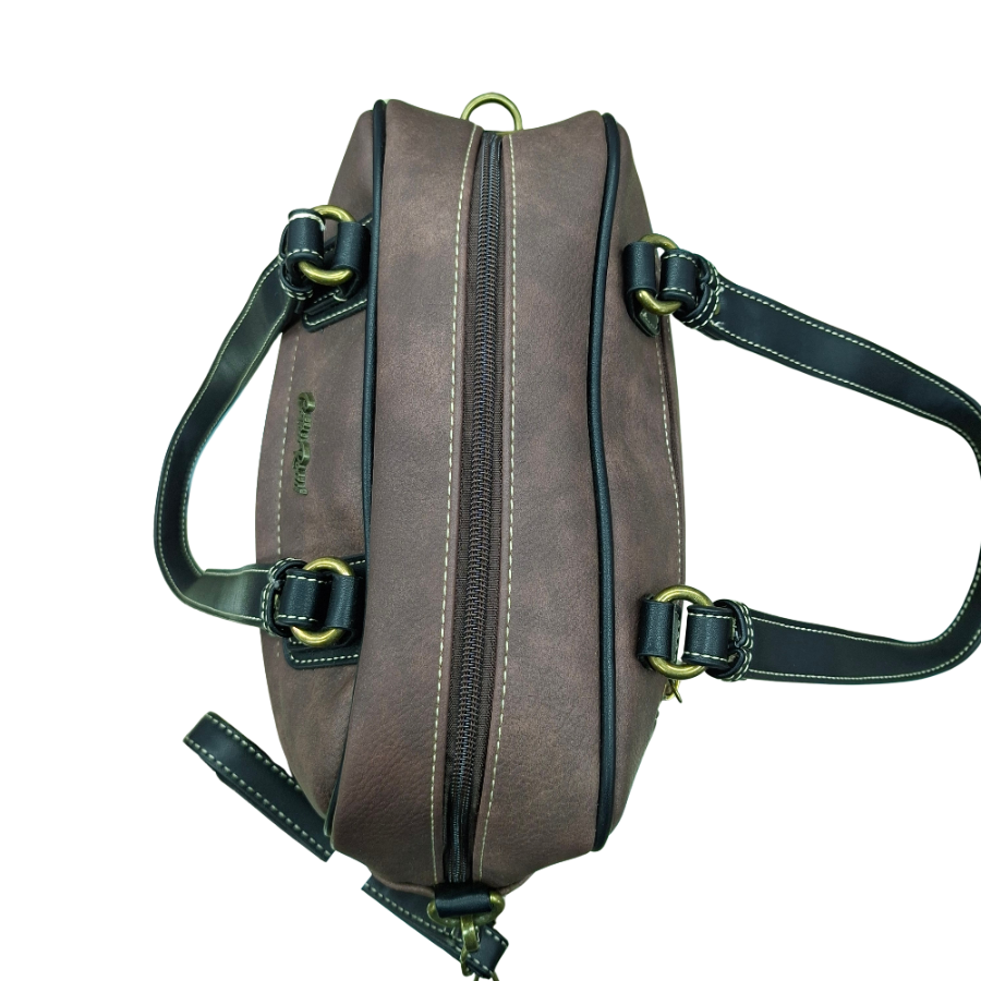 COTTON ROAD HANDBAG: COFFEE BROWN Faux Leather Shoulder Bag, Top-Handle Satchel with Removable Strap TOP ZIP VIEW