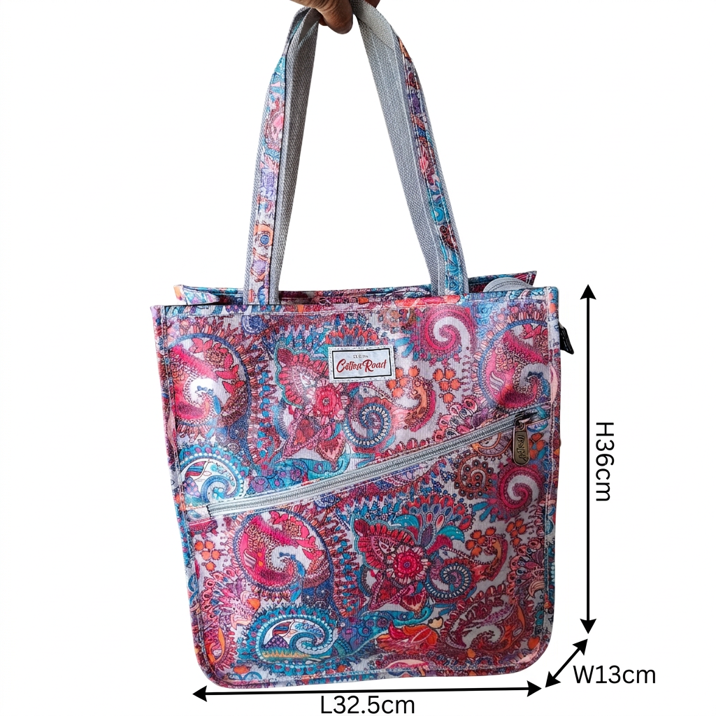 COTTON ROAD HANDBAG: Grey Paisley Colourful Print Shopper Bag front