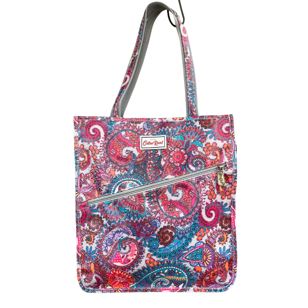 COTTON ROAD HANDBAG: Grey Paisley Colourful Print Shopper Bag front view
